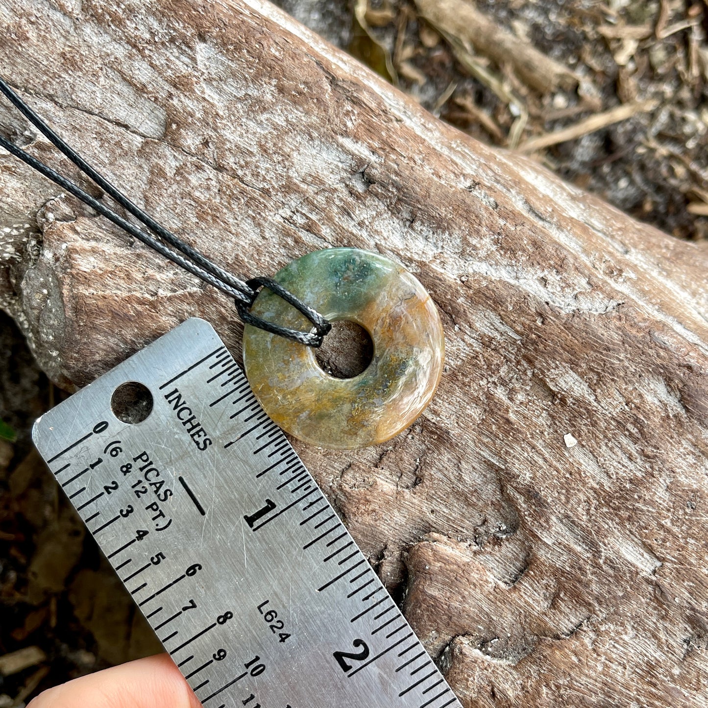 "Investigative Frontier" Natural Indian Agate Donut Pendant Waxed Cotton Black Necklace