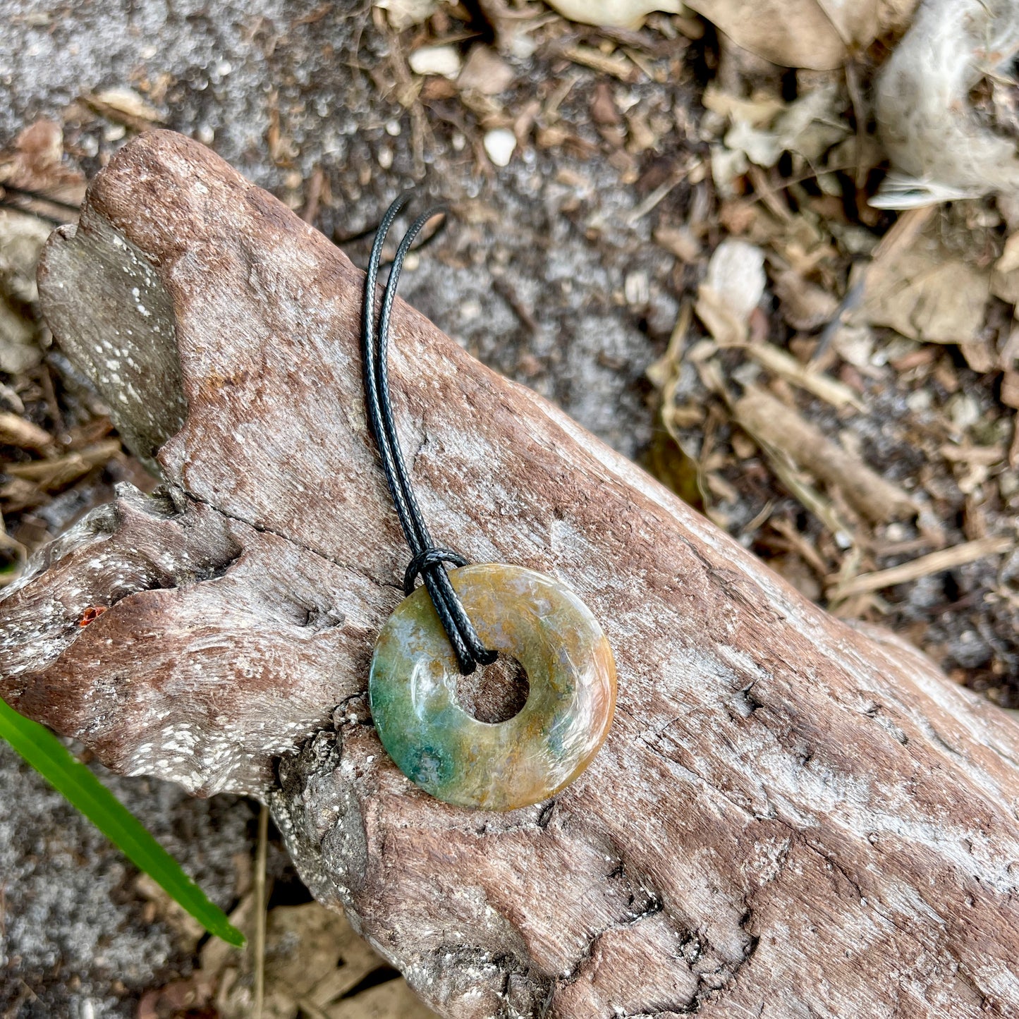 "Investigative Frontier" Natural Indian Agate Donut Pendant Waxed Cotton Black Necklace