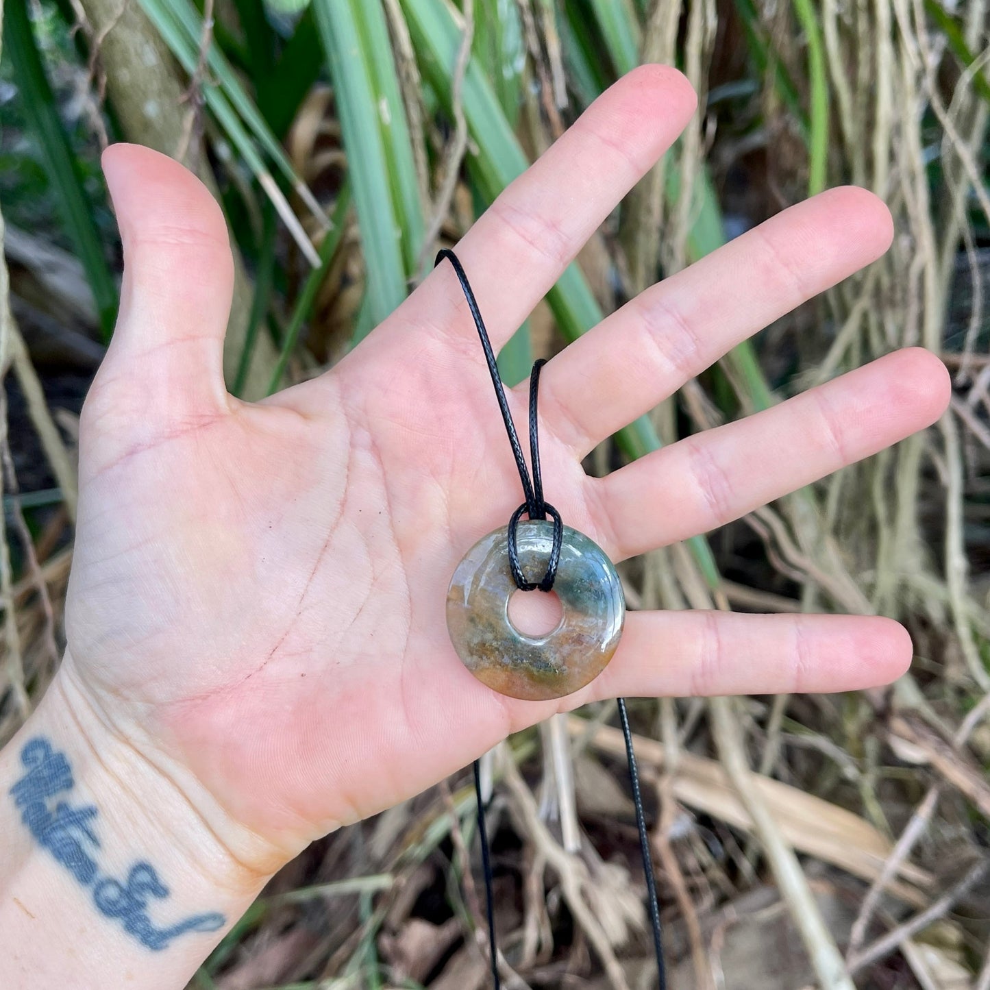 "Investigative Frontier" Natural Indian Agate Donut Pendant Waxed Cotton Black Necklace