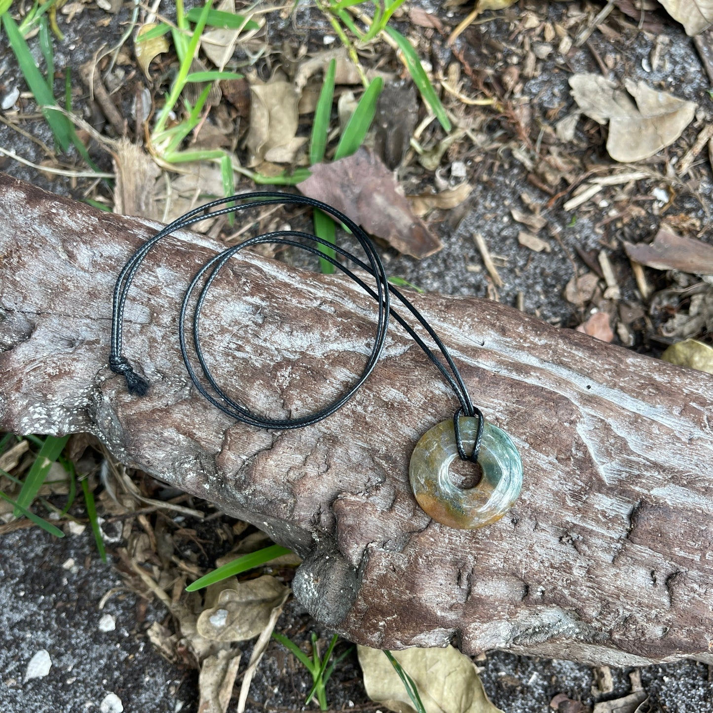 "Investigative Frontier" Natural Indian Agate Donut Pendant Waxed Cotton Black Necklace