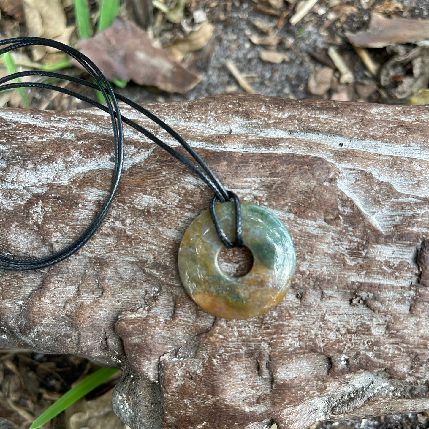 "Investigative Frontier" Natural Indian Agate Donut Pendant Waxed Cotton Black Necklace