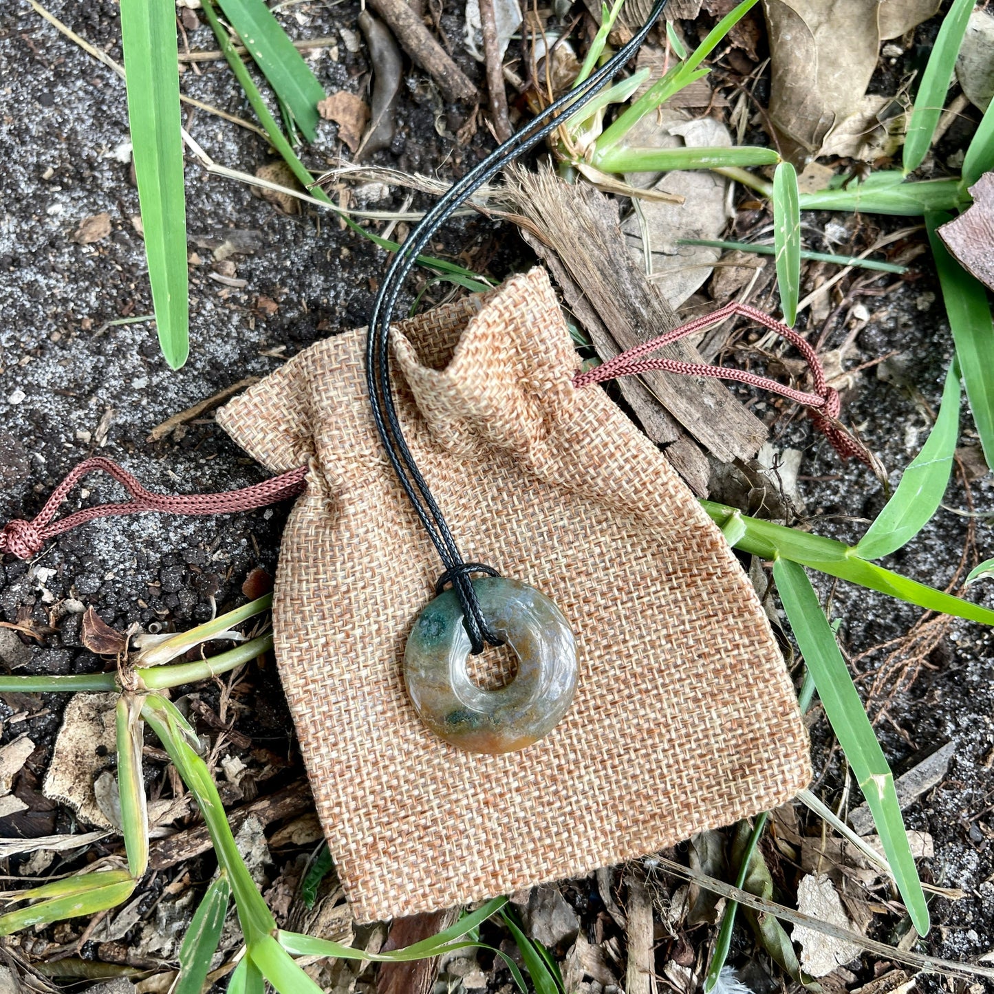 "Investigative Frontier" Natural Indian Agate Donut Pendant Waxed Cotton Black Necklace