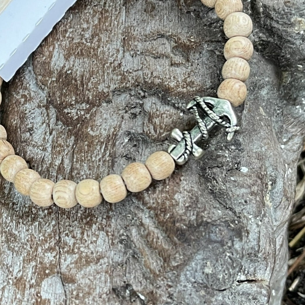 "Spiritual Navigation" Silver Anchor Charm Wood Bead Anklet