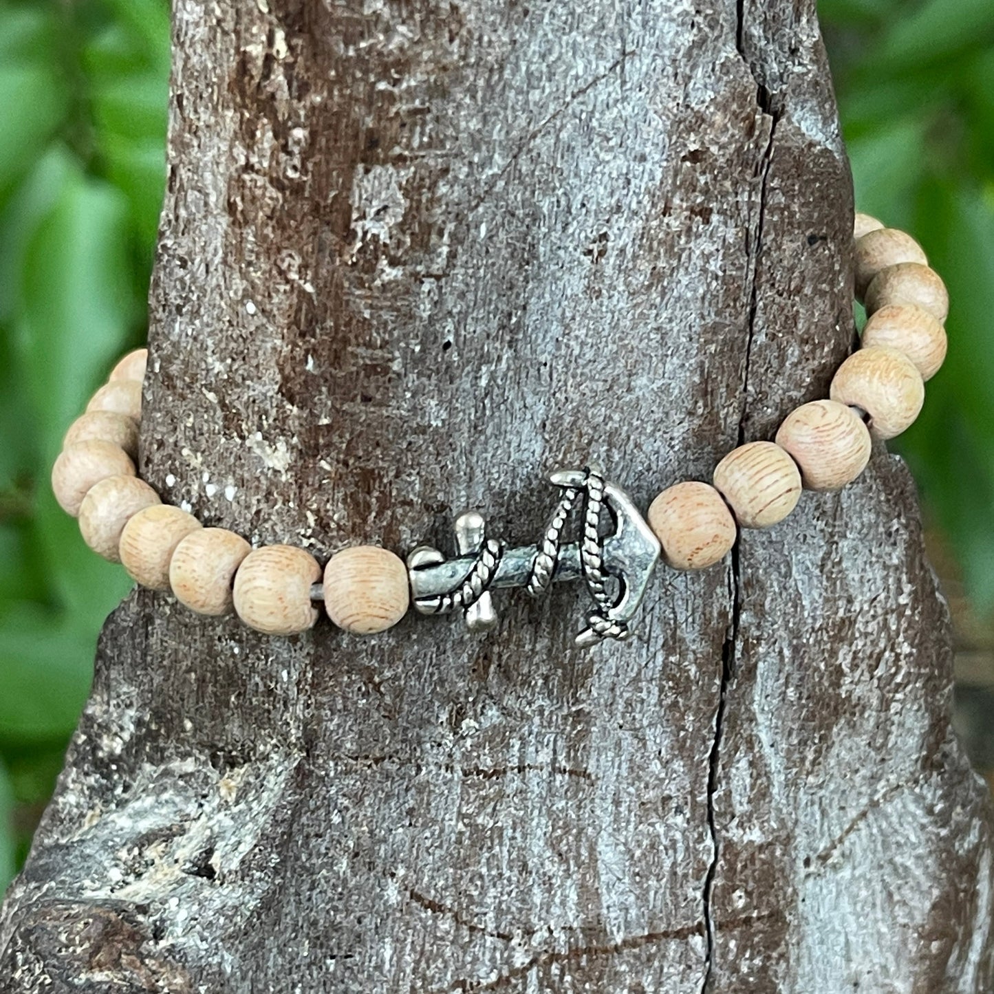 "Spiritual Navigation" Silver Anchor Charm Wood Bead Anklet