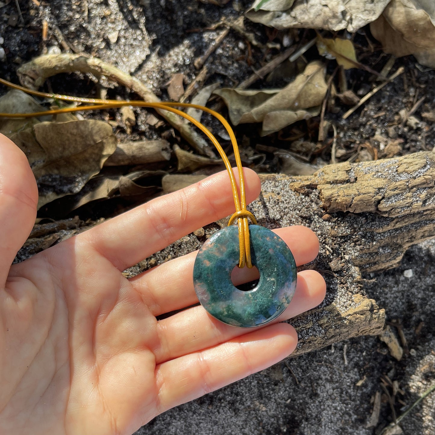 "The Scientist" Moss Agate Donut Pendant Leather Necklace