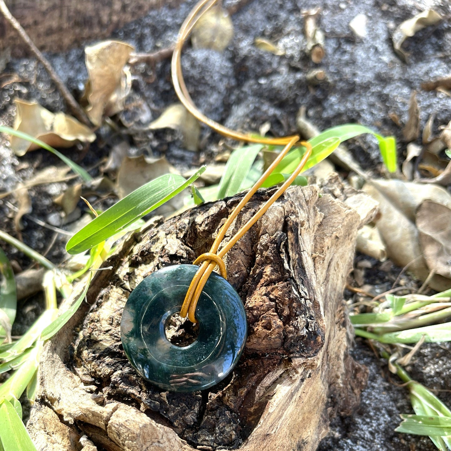 "The Scientist" Moss Agate Donut Pendant Leather Necklace