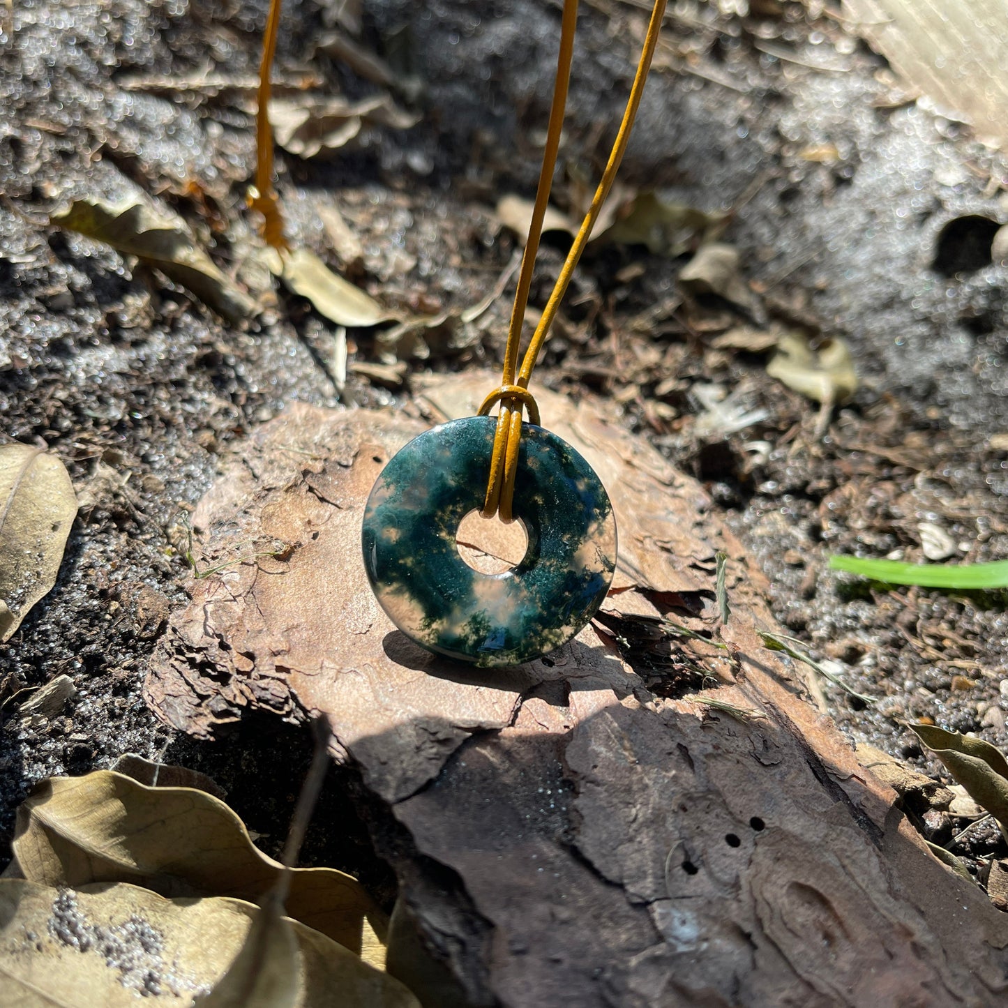 "The Scientist" Moss Agate Donut Pendant Leather Necklace