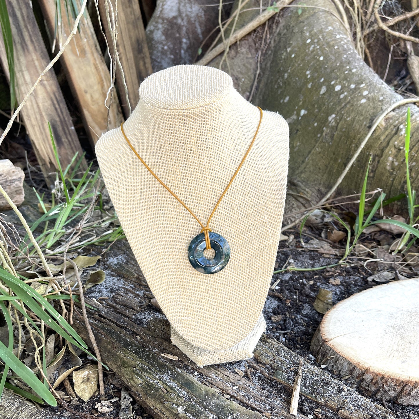 "The Scientist" Moss Agate Donut Pendant Leather Necklace