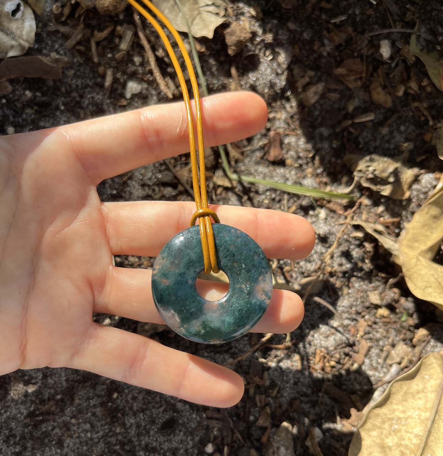 "The Scientist" Moss Agate Donut Pendant Leather Necklace