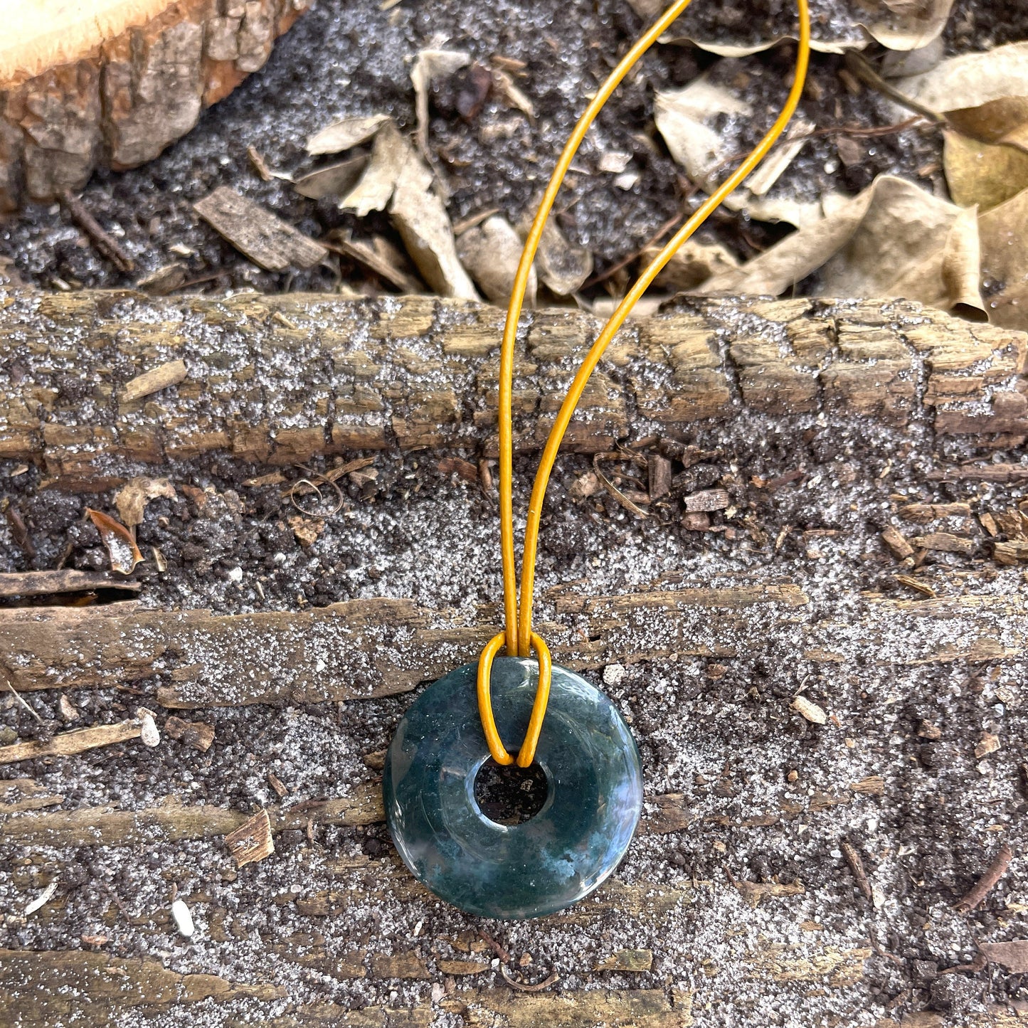 "The Scientist" Moss Agate Donut Pendant Leather Necklace