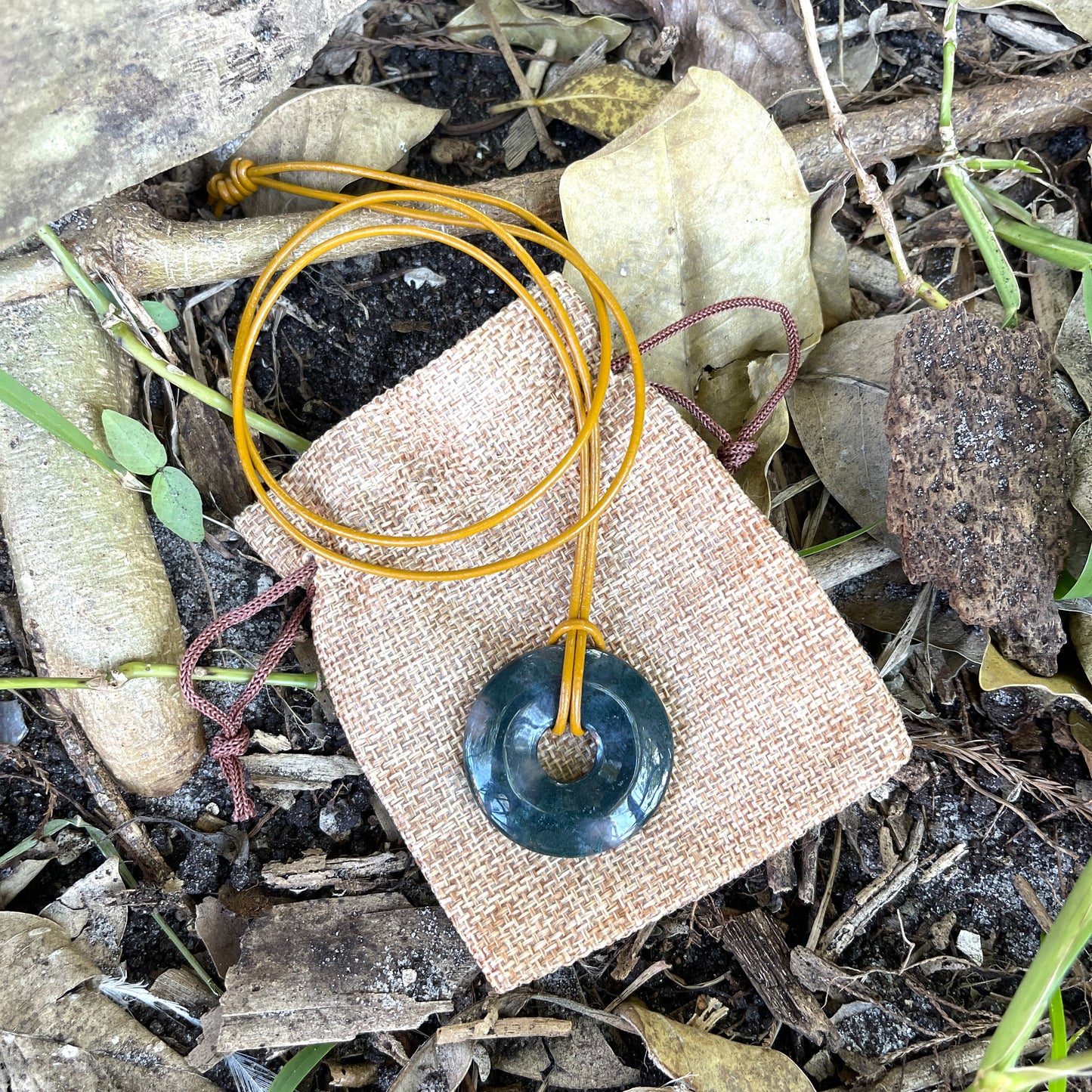 "The Scientist" Moss Agate Donut Pendant Leather Necklace