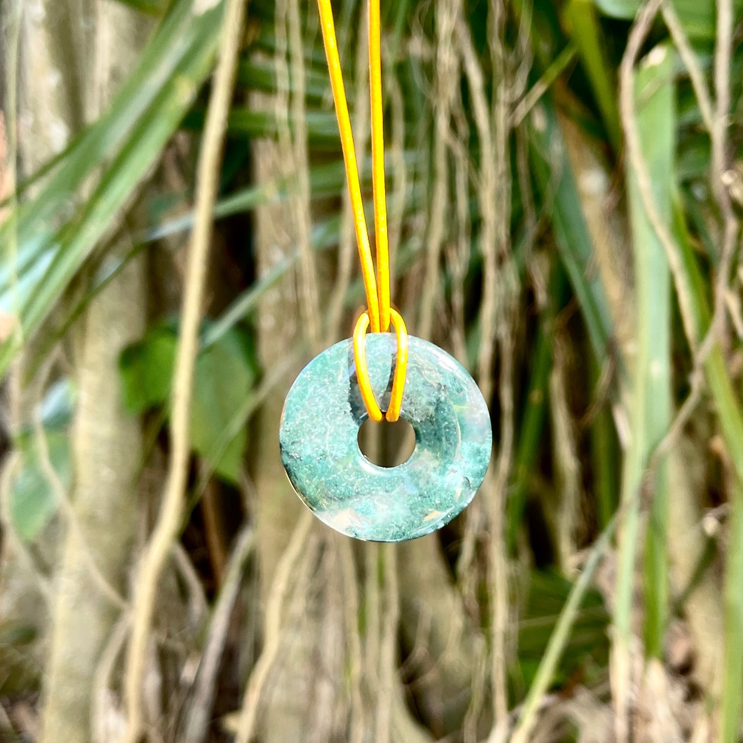 "The Scientist" Moss Agate Donut Pendant Leather Necklace