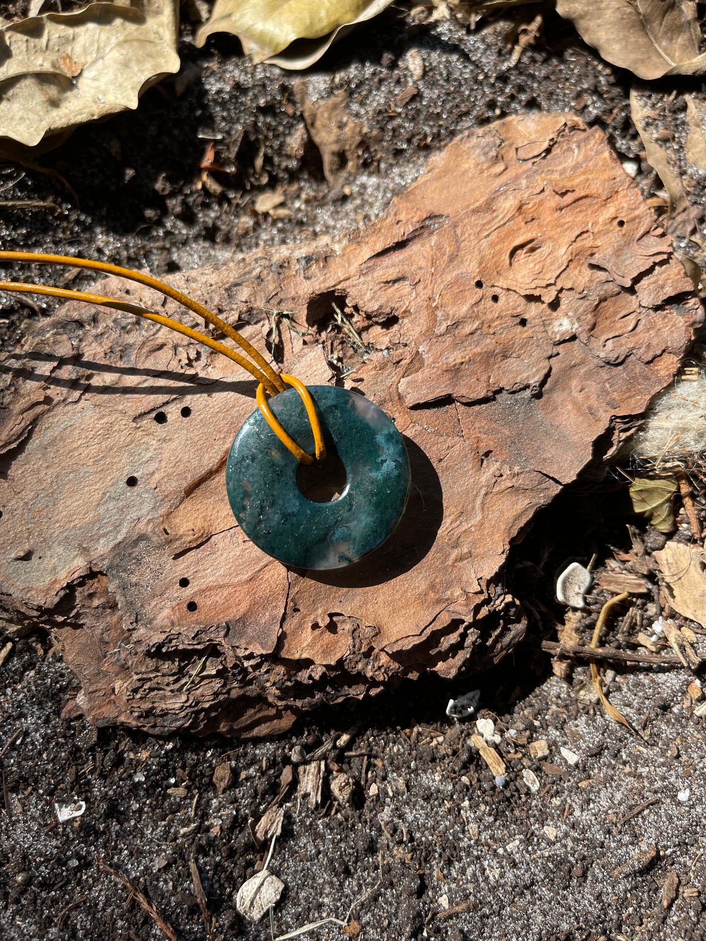 "The Scientist" Moss Agate Donut Pendant Leather Necklace