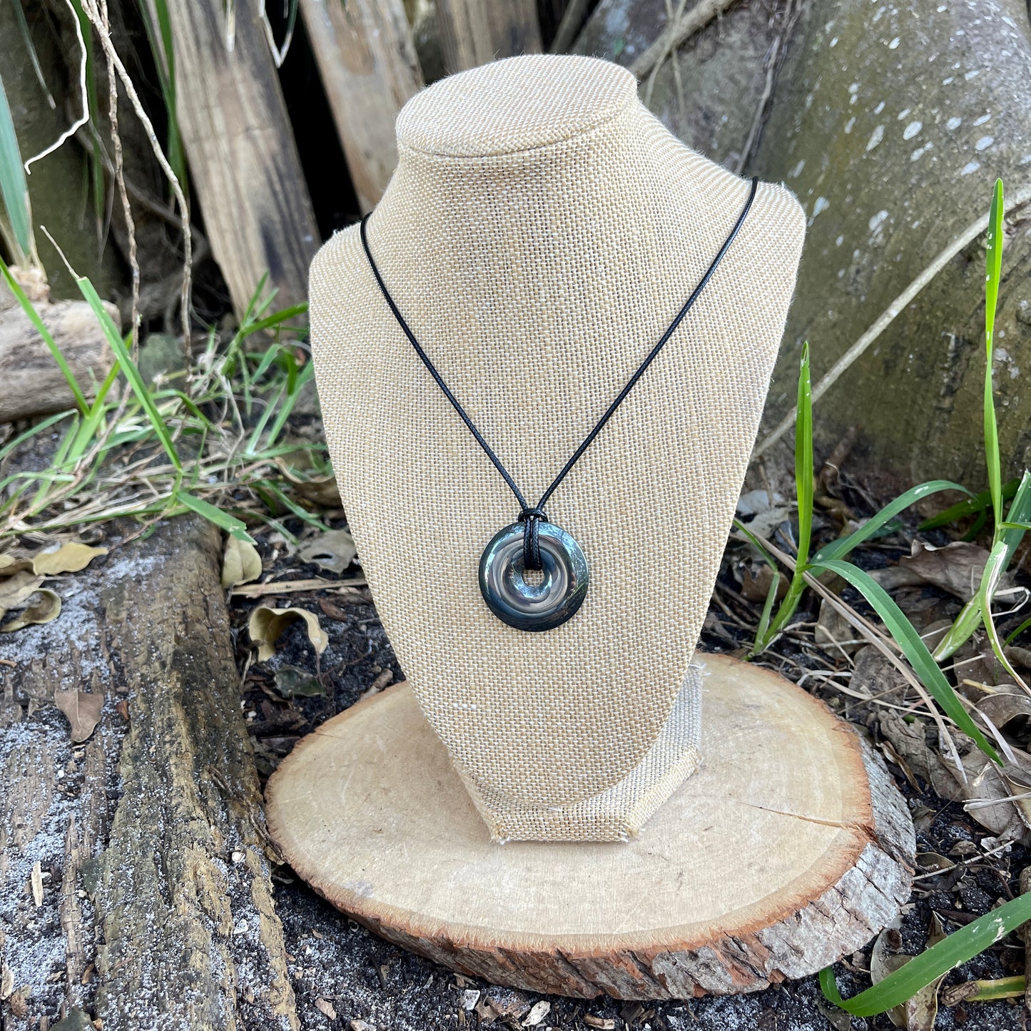 "Break the Spell" Hematite Donut Pendant Cotton Necklace