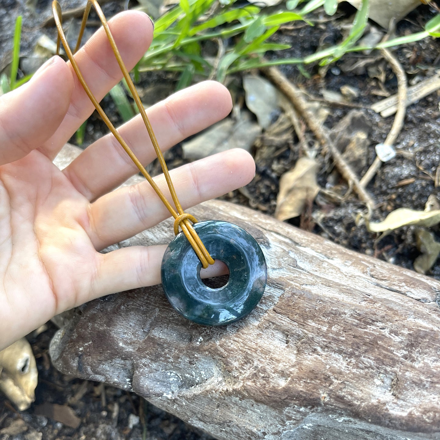 "The Scientist" Moss Agate Donut Pendant Leather Necklace