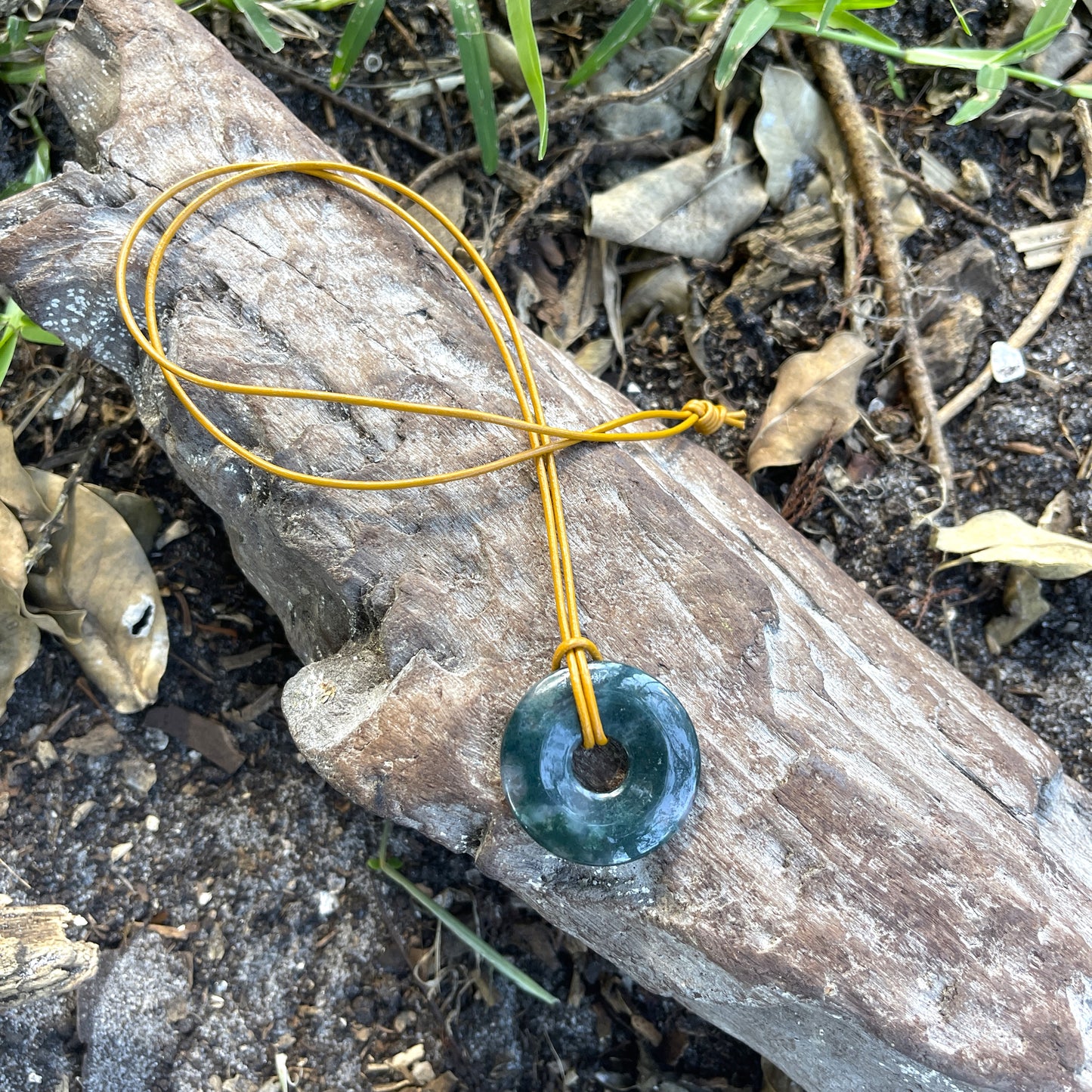 "The Scientist" Moss Agate Donut Pendant Leather Necklace