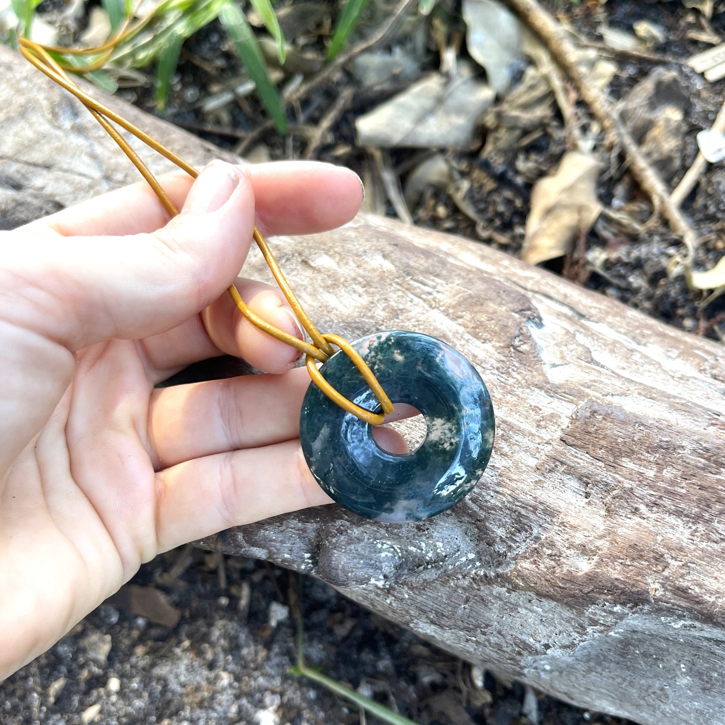 "The Scientist" Moss Agate Donut Pendant Leather Necklace