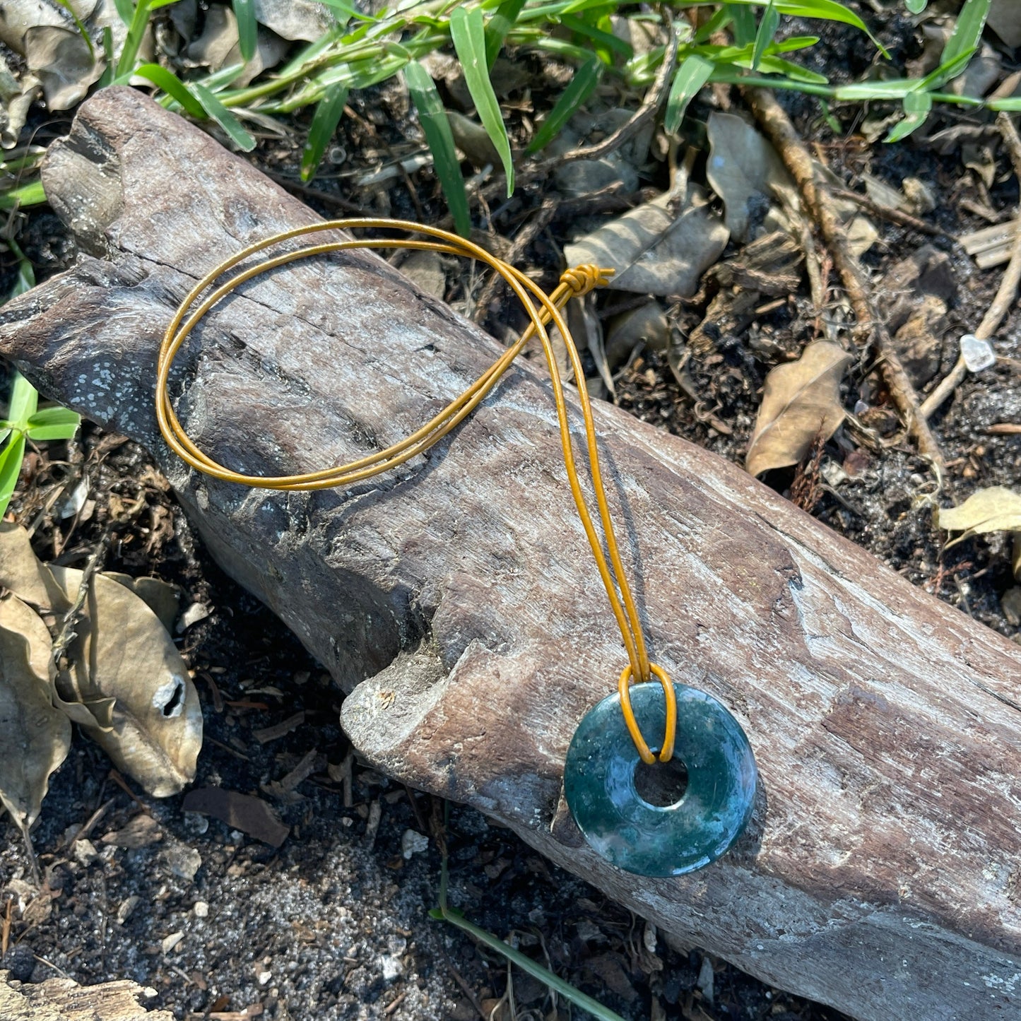 "The Scientist" Moss Agate Donut Pendant Leather Necklace