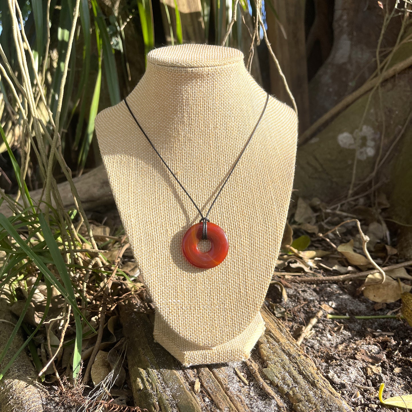 "Close Encounter" Orange Fire Carnelian Donut Cotton Necklace