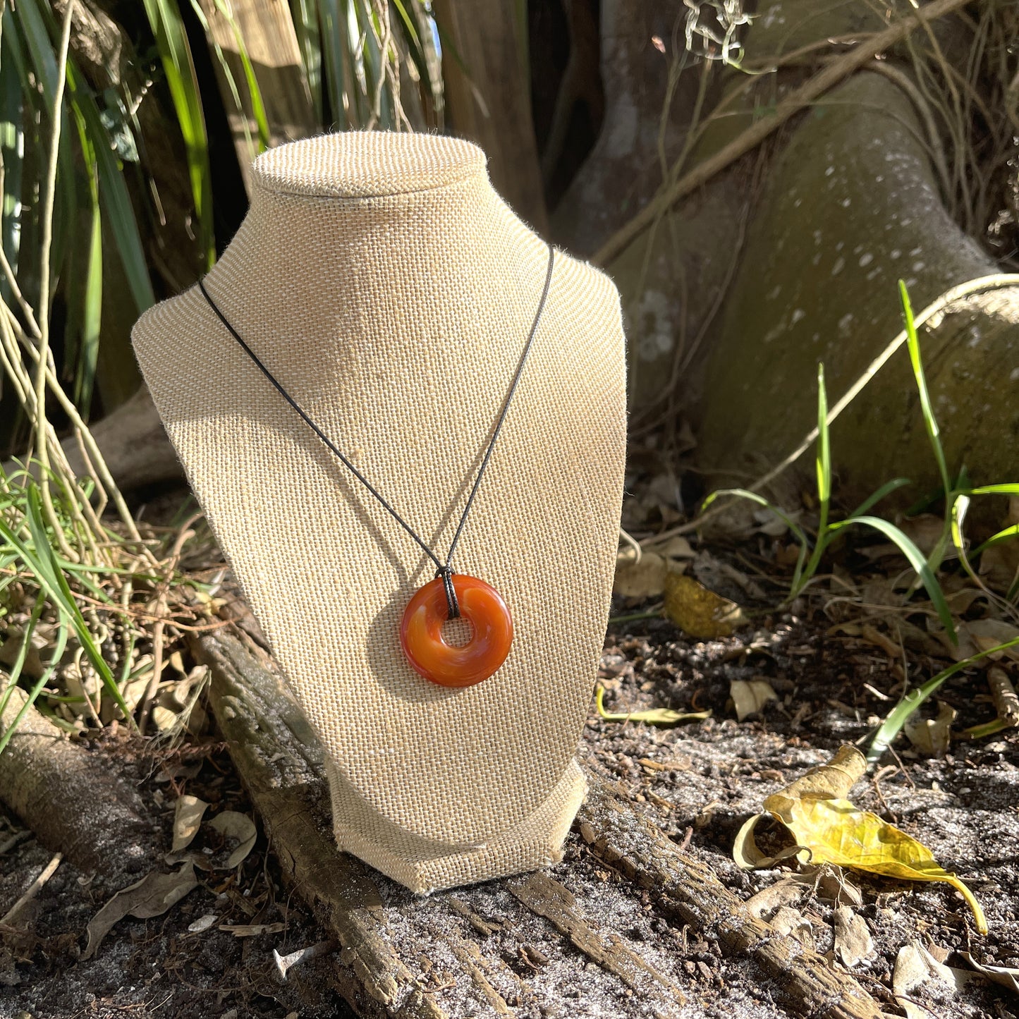 "Close Encounter" Orange Fire Carnelian Donut Cotton Necklace