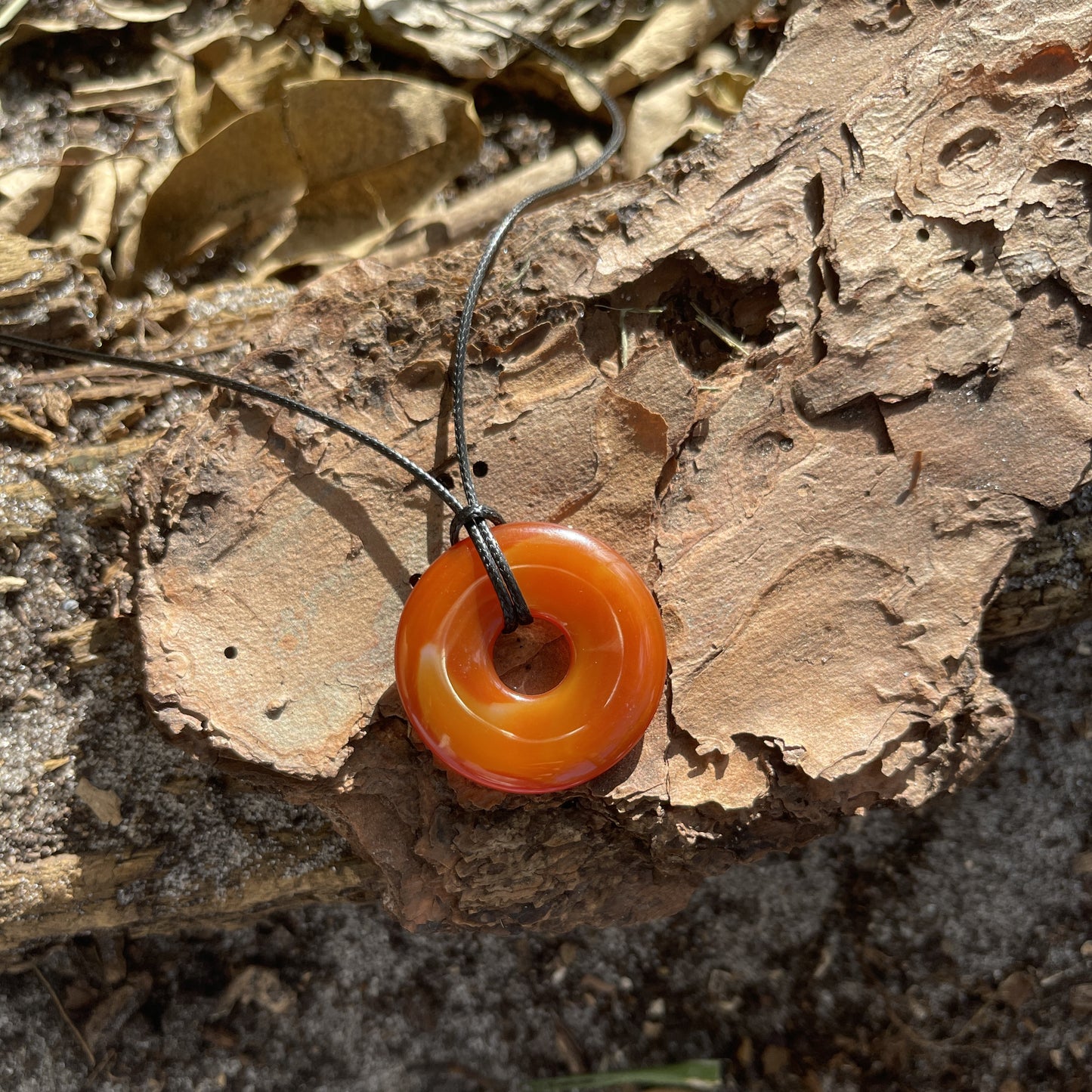 "Close Encounter" Orange Fire Carnelian Donut Cotton Necklace