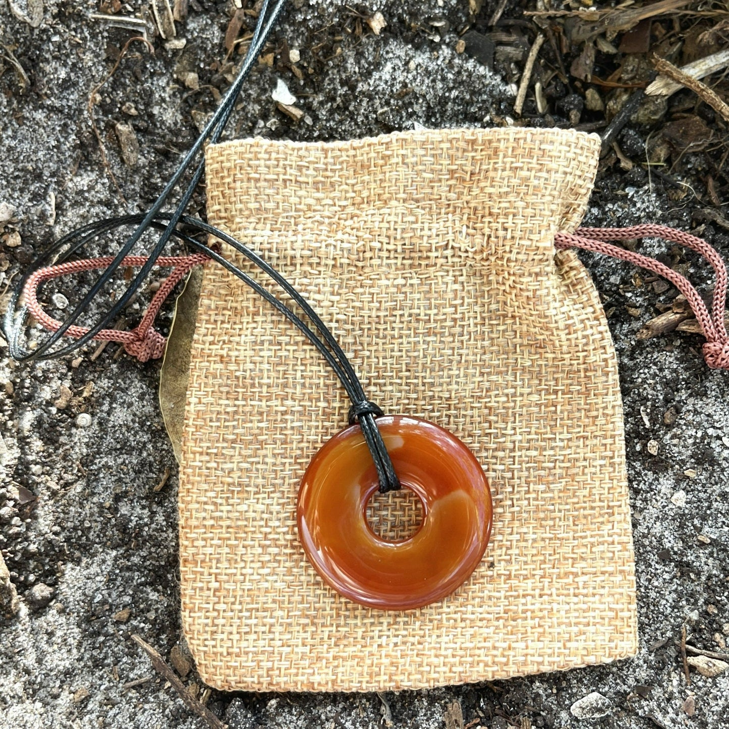 "Close Encounter" Orange Fire Carnelian Donut Cotton Necklace