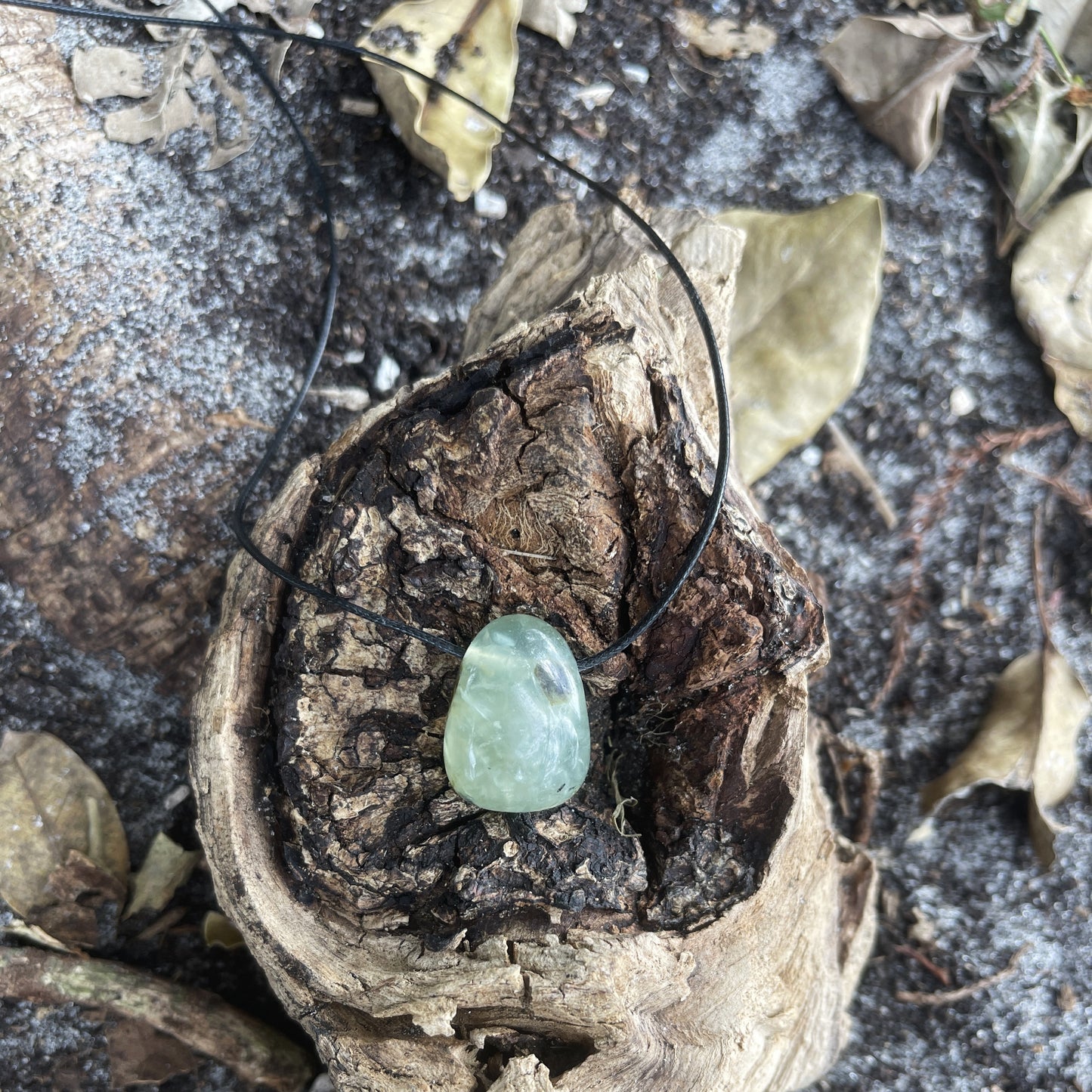 "Wormhole" Glowing Prehnite Stone Cotton Necklace