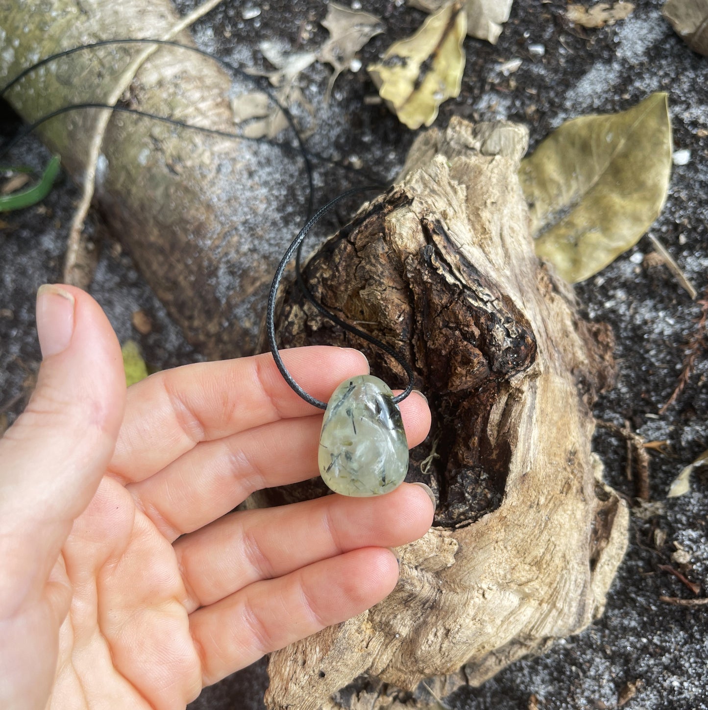 "Wormhole" Glowing Prehnite Stone Cotton Necklace