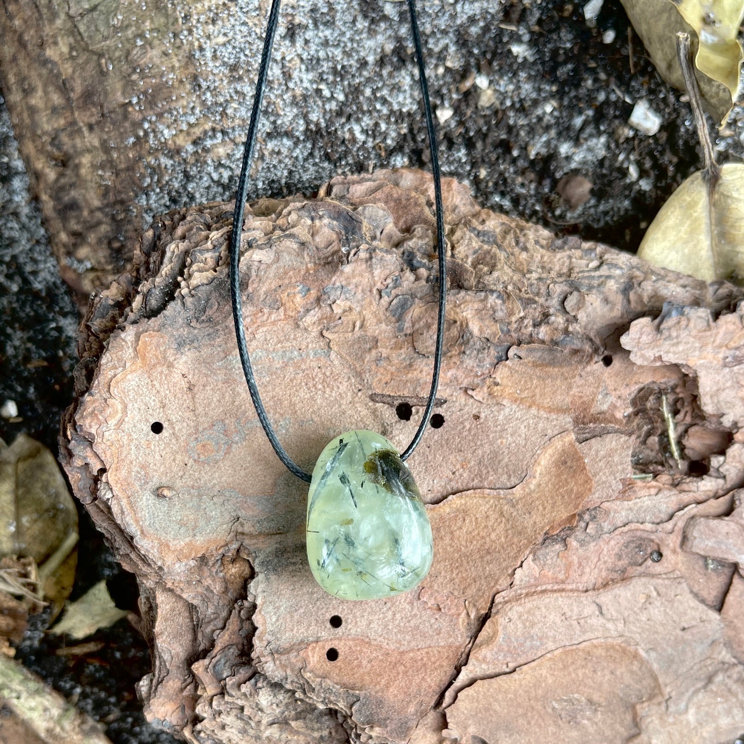 "Wormhole" Glowing Prehnite Stone Cotton Necklace