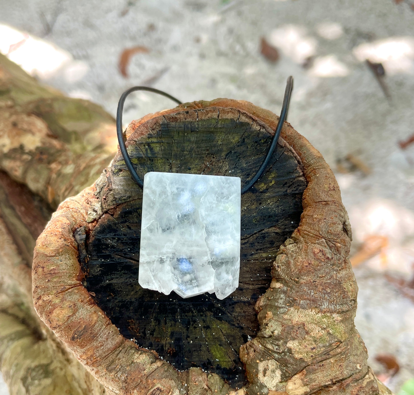 "Echo Location" Raw White Agate Crystal Quartz Stone Pendant on Black Leather Cord Tied In Back