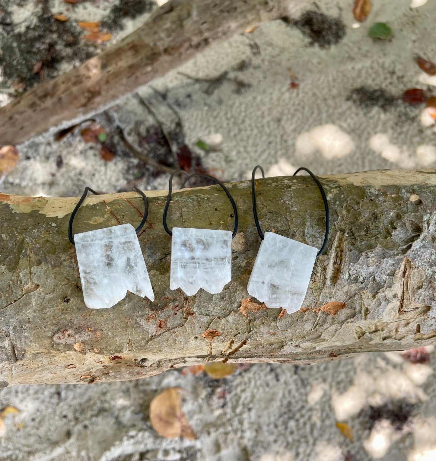 "Echo Location" Raw White Agate Crystal Quartz Stone Pendant on Black Leather Cord Tied In Back