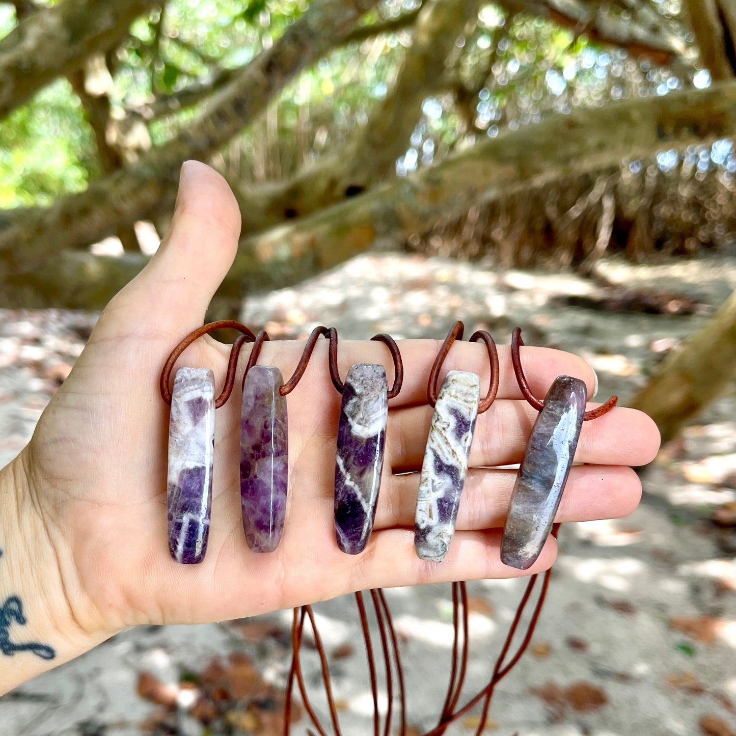 "Panchromatic" Purple Chevron Amethyst Leather Necklace