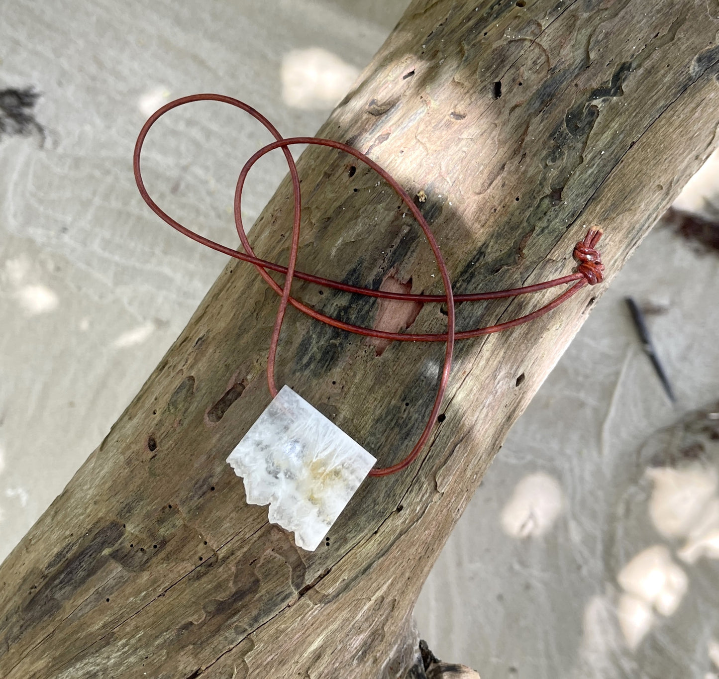 "Multiverse" White Agate Crystal Quartz Pendant Rustic Leather Necklace