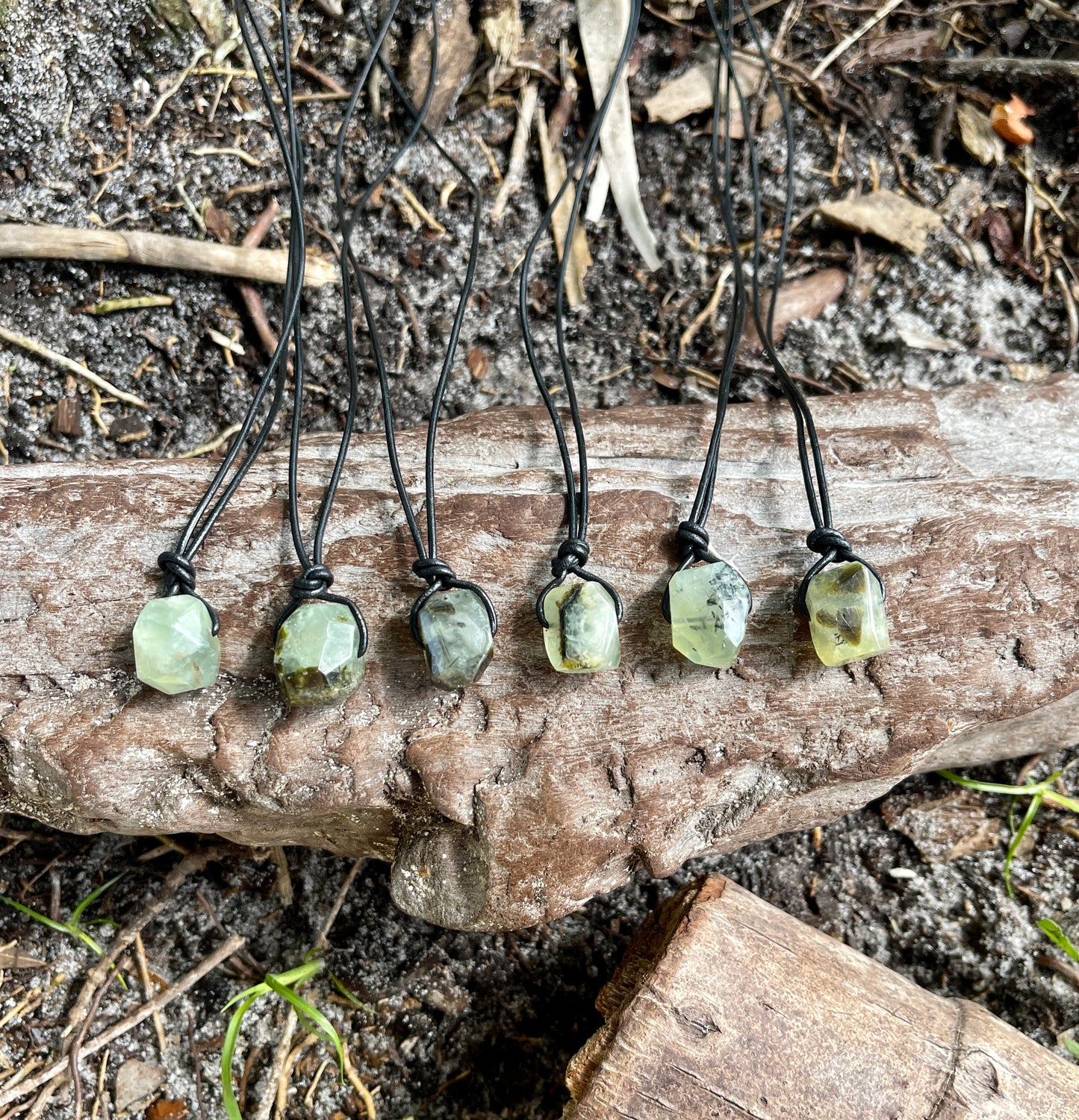 "Confessions"  Glowing Green Prehnite Black Leather Necklace