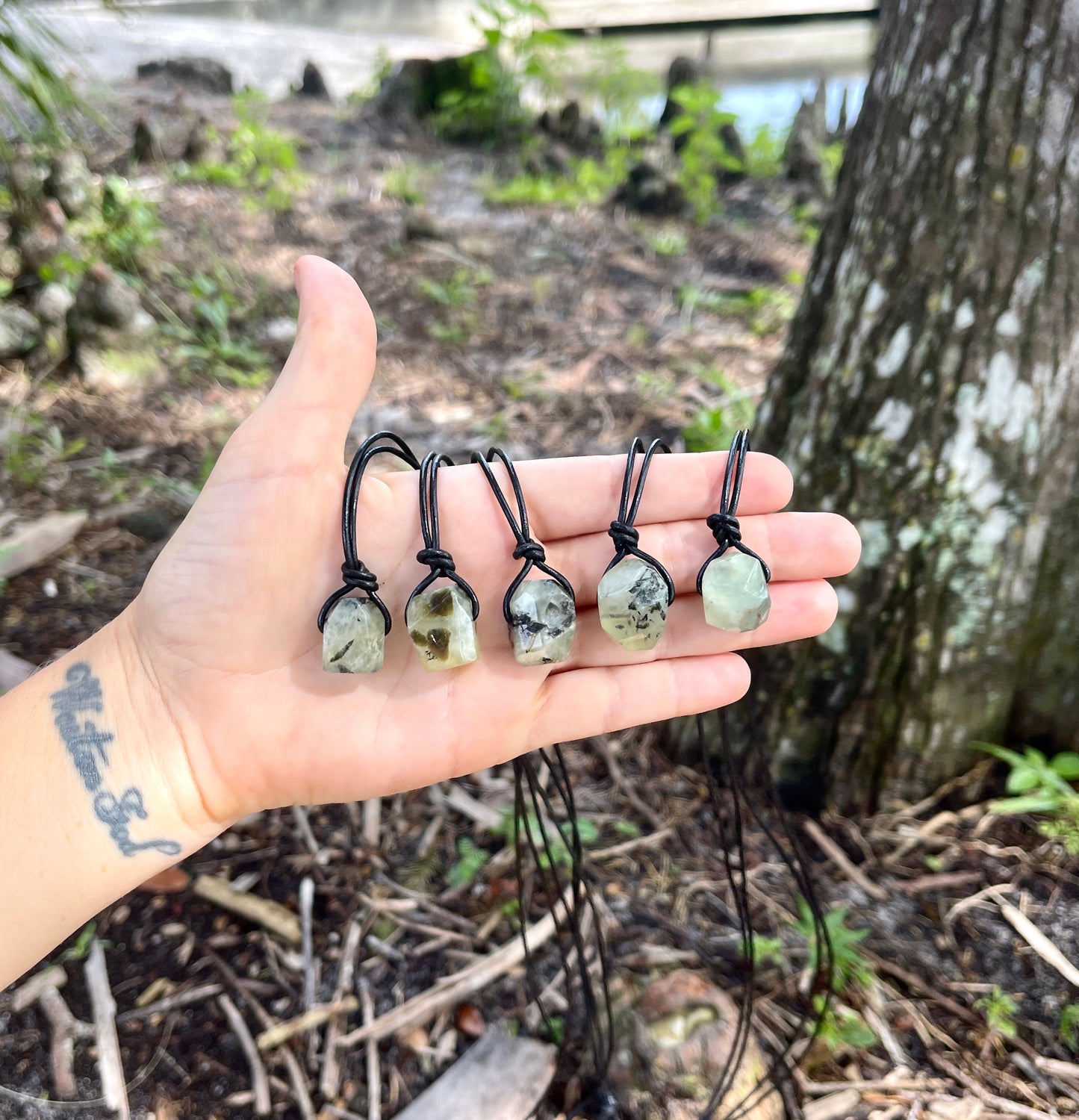 "Confessions"  Glowing Green Prehnite Black Leather Necklace