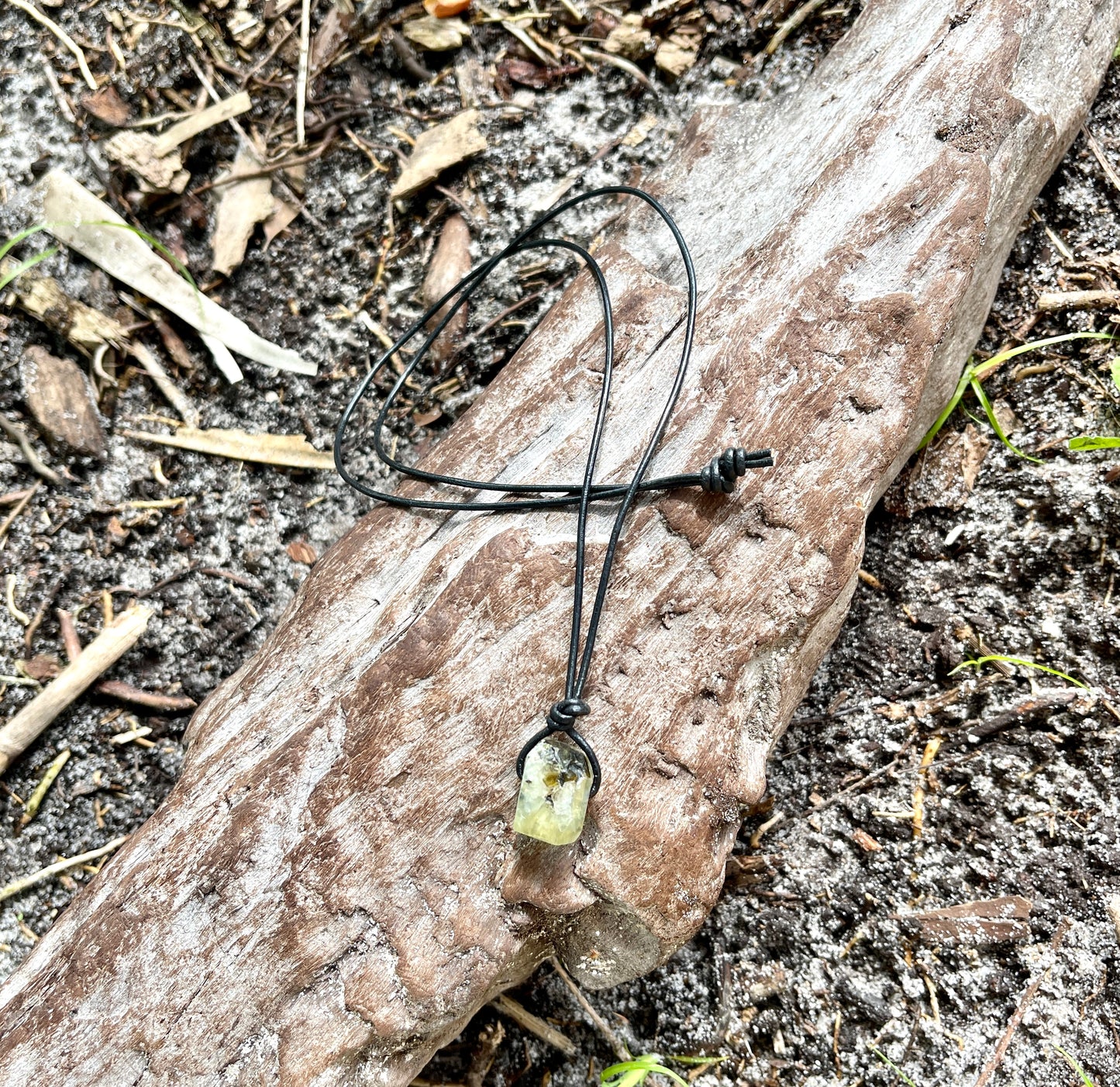 "Confessions"  Glowing Green Prehnite Black Leather Necklace