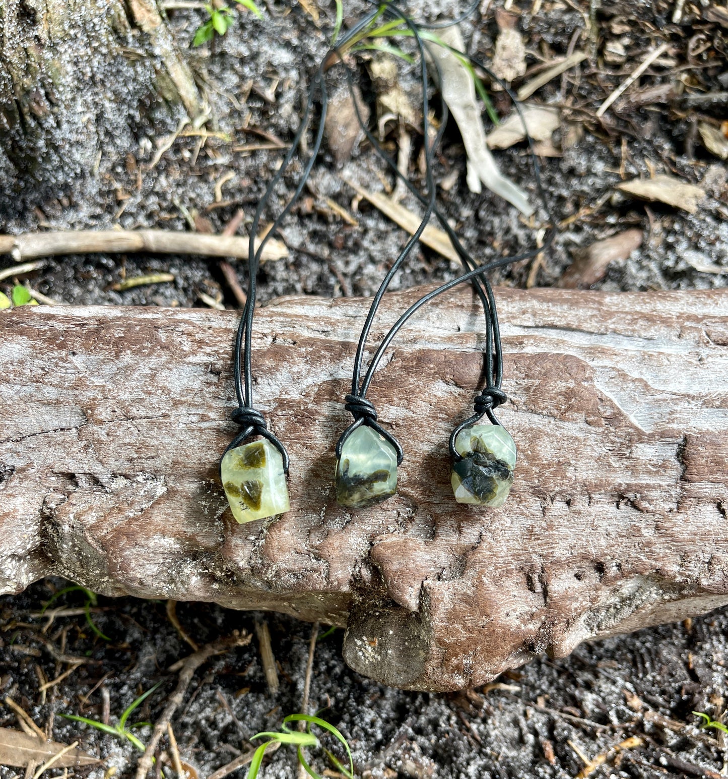 "Confessions"  Glowing Green Prehnite Black Leather Necklace