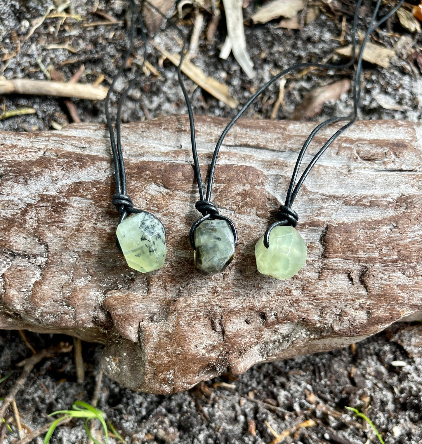 "Confessions"  Glowing Green Prehnite Black Leather Necklace