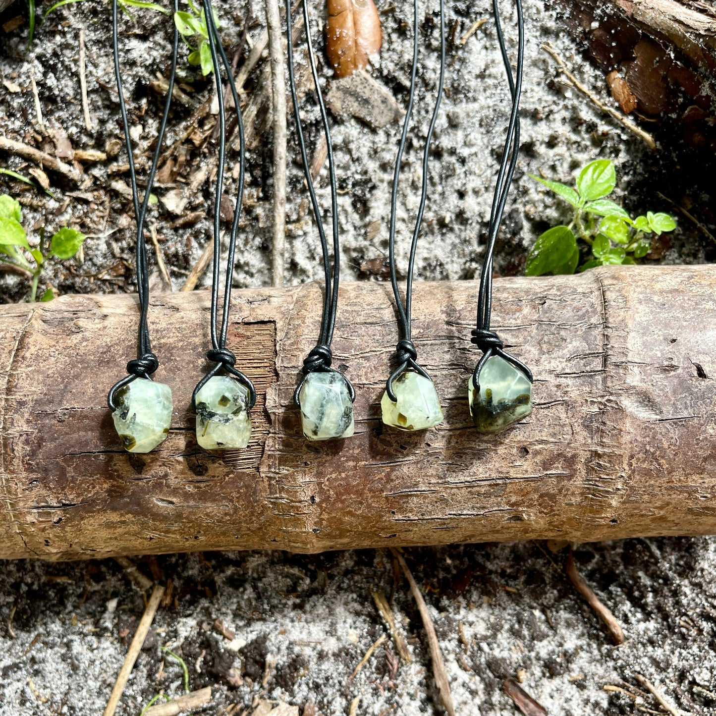 "Confessions"  Glowing Green Prehnite Black Leather Necklace