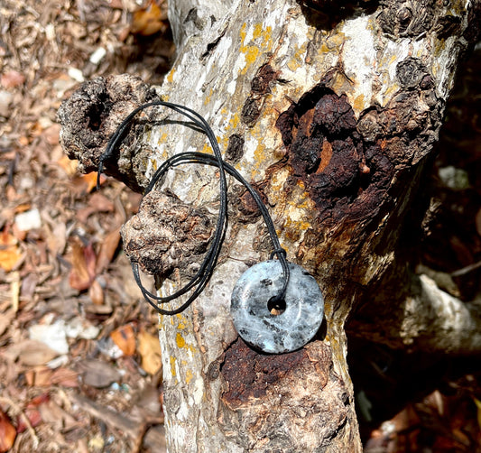 "End of the Galaxy" Larvikite Norwegian Moonstone Donut Necklace