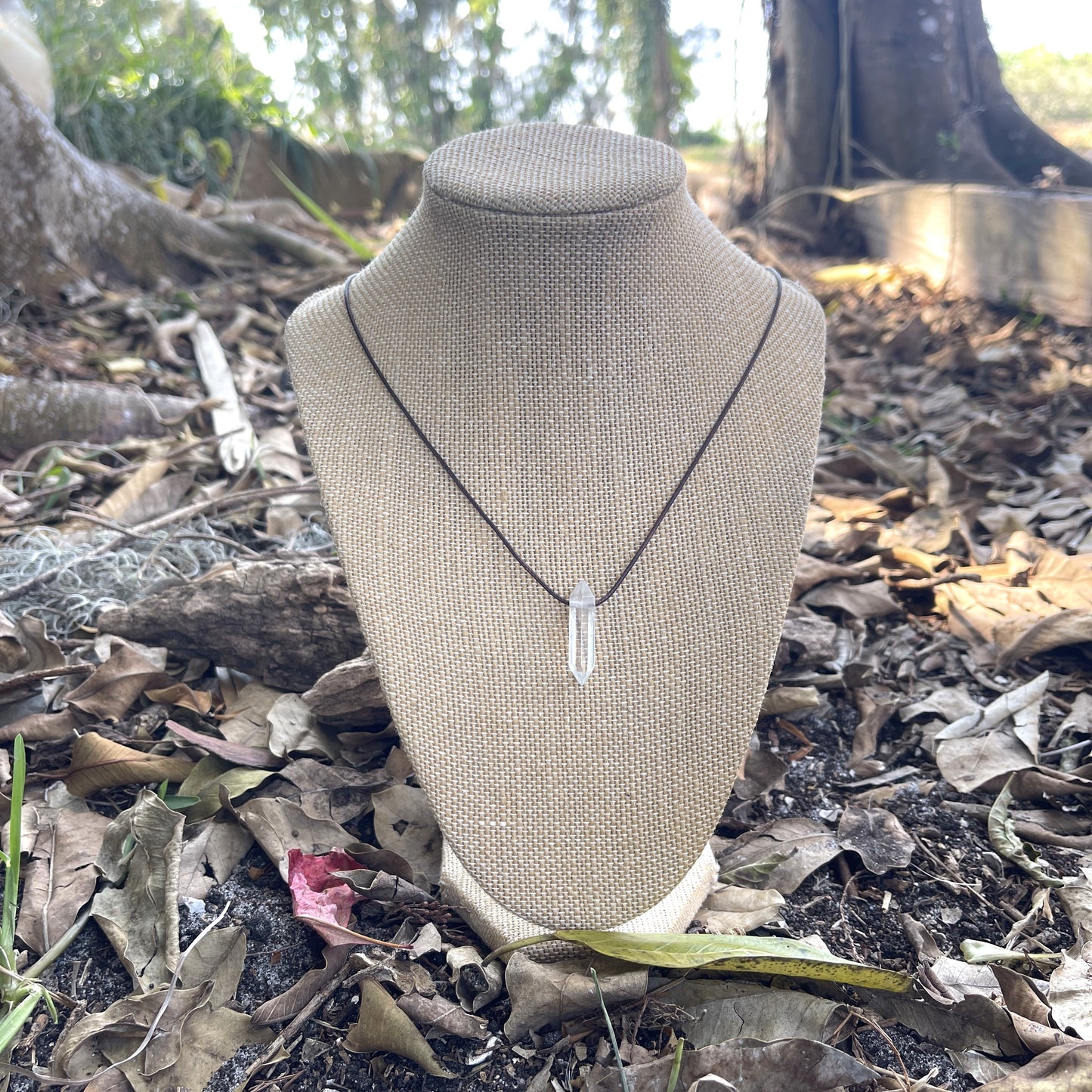 "Orion's Belt" Small Clear Crystal Point Cotton Necklace