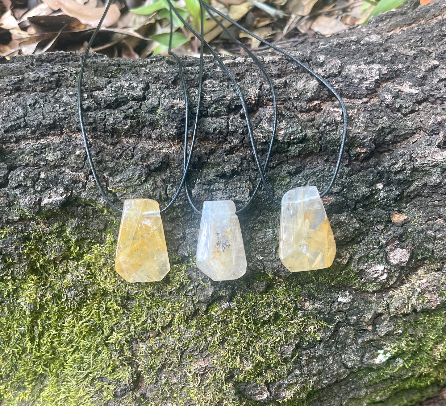 "Jupiter's Ozone" Bright Yellow Dendritic Stone Crystal Quartz Pendant Cotton Necklace