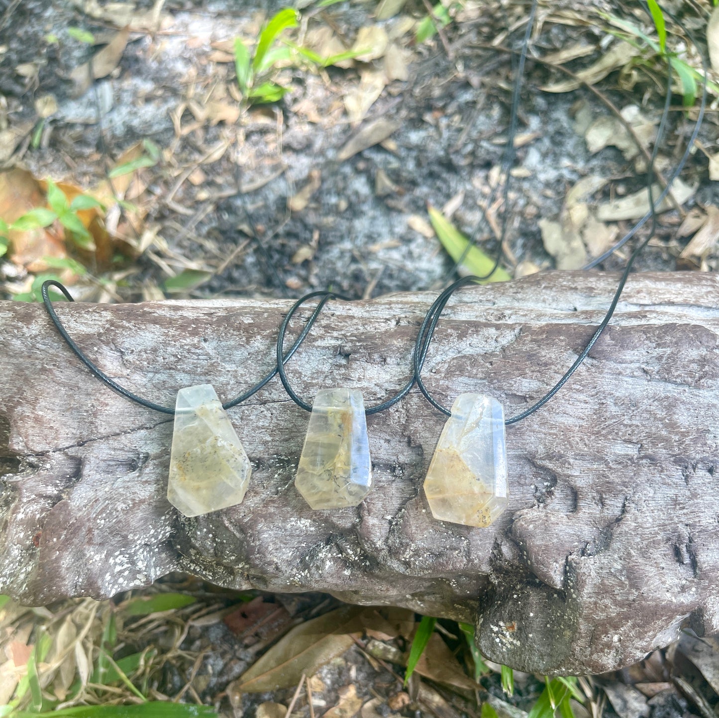 "Jupiter's Ozone" Bright Yellow Dendritic Stone Crystal Quartz Pendant Cotton Necklace