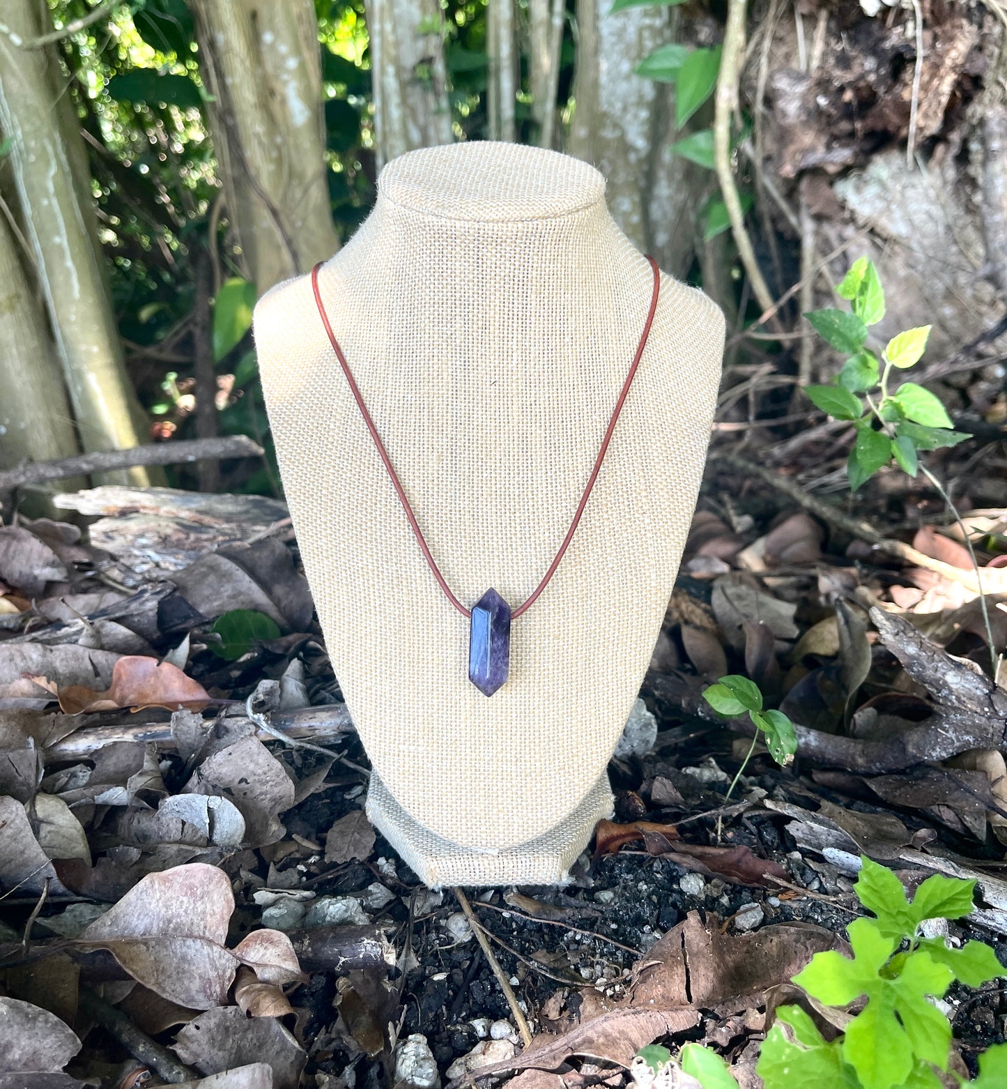 "Dabble In Dimensions" Purple Amethyst Stone Pendant Leather Necklace