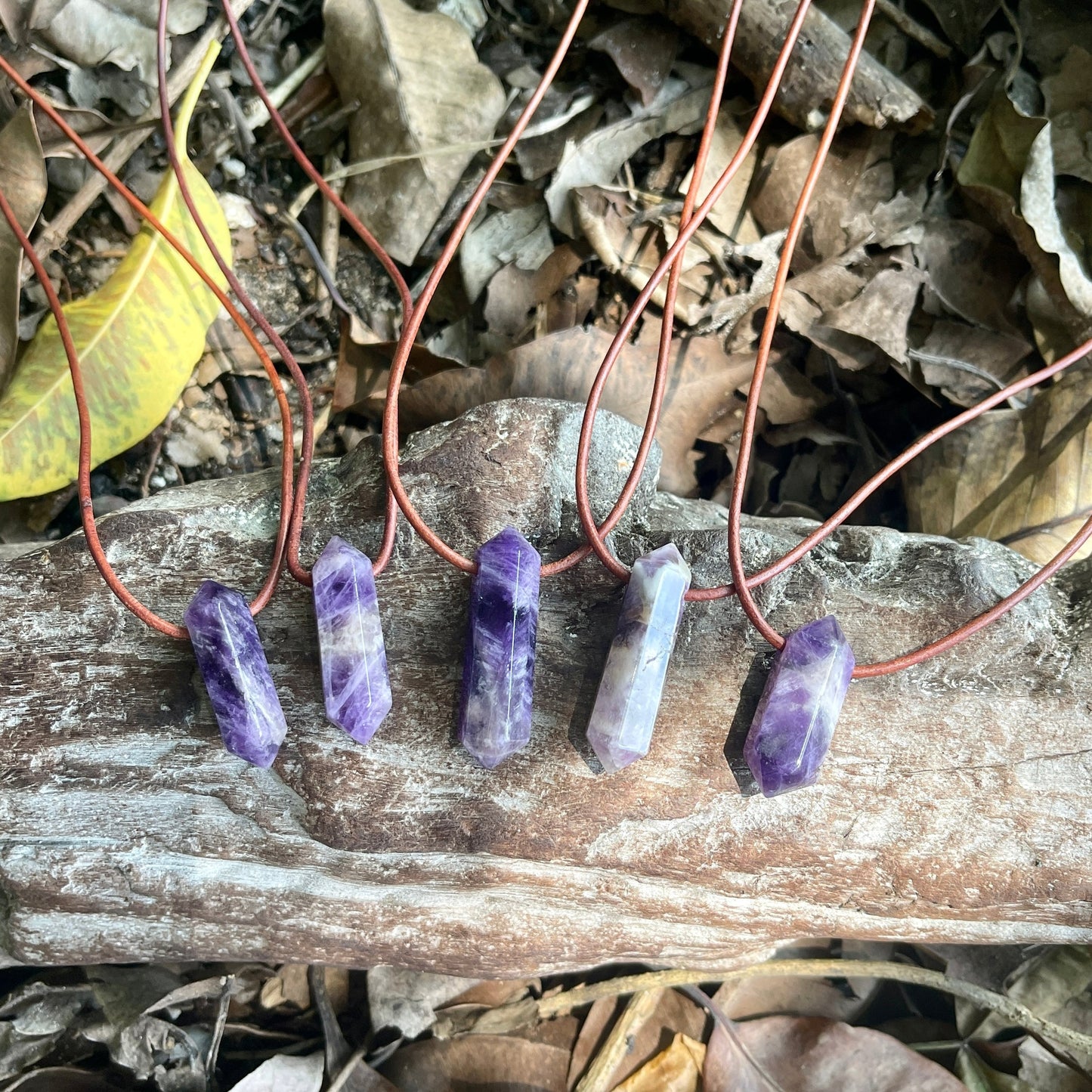 "Dabble In Dimensions" Purple Amethyst Stone Pendant Leather Necklace