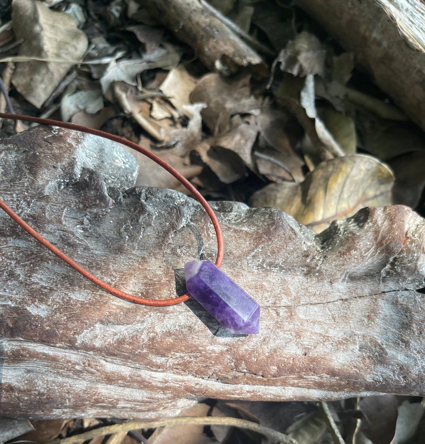 "Dabble In Dimensions" Purple Amethyst Stone Pendant Leather Necklace