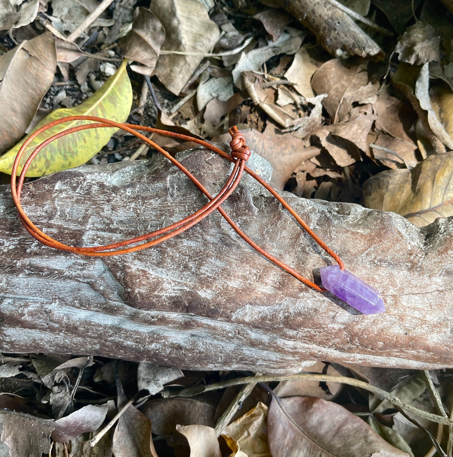 "Dabble In Dimensions" Purple Amethyst Stone Pendant Leather Necklace