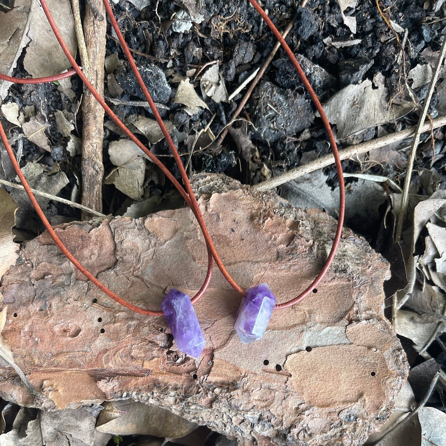 "Dabble In Dimensions" Purple Amethyst Stone Pendant Leather Necklace