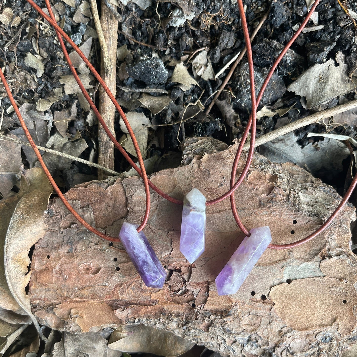 "Dabble In Dimensions" Purple Amethyst Stone Pendant Leather Necklace