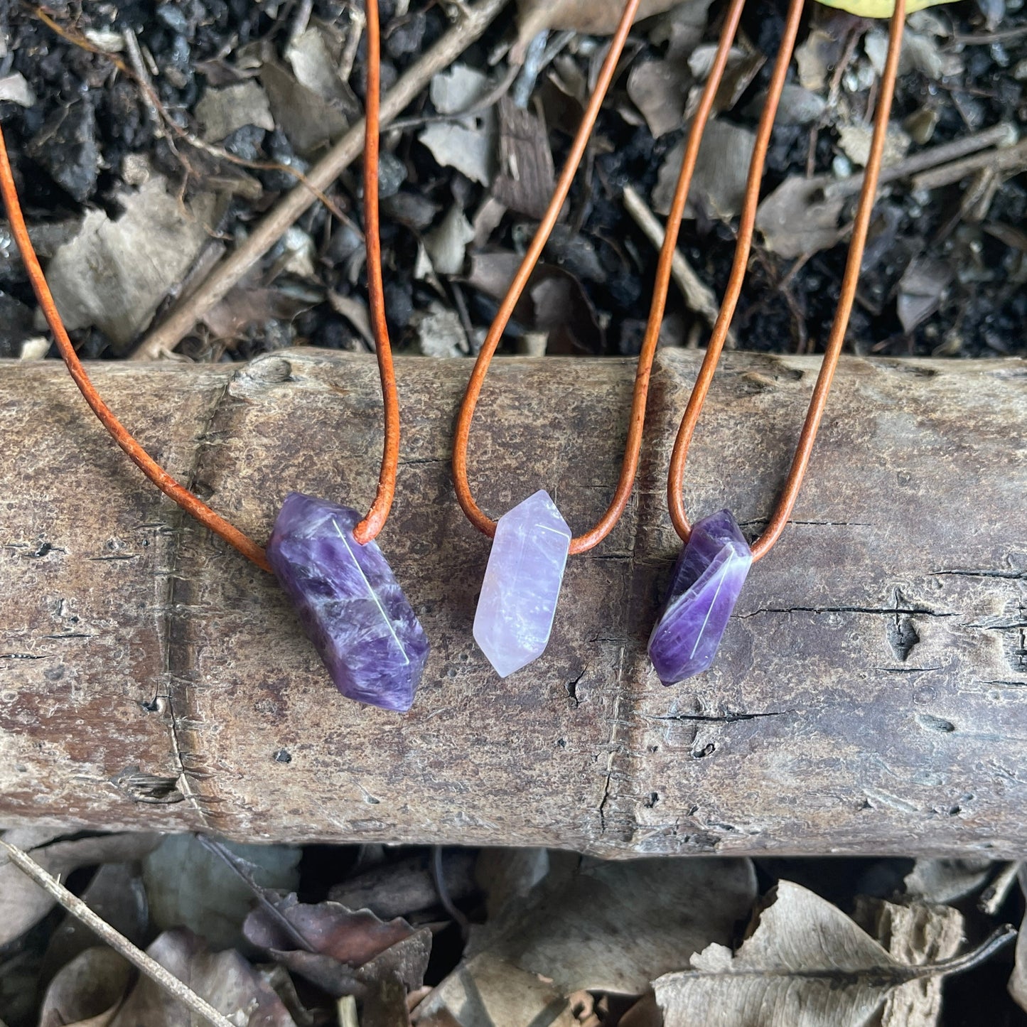 "Dabble In Dimensions" Purple Amethyst Stone Pendant Leather Necklace